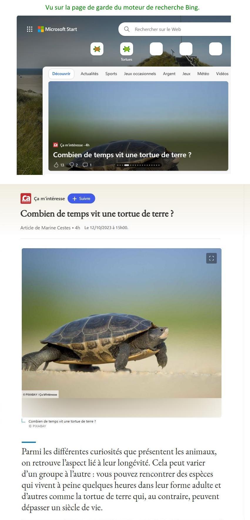 Article ça m'intéresse : durée de vie d'une tortue.