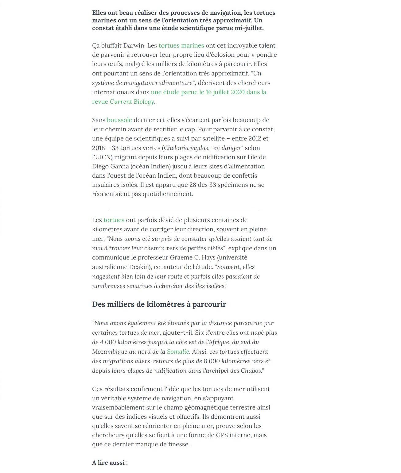 Article "Les tortues marines ont un piètre "GPS" selon une étude".