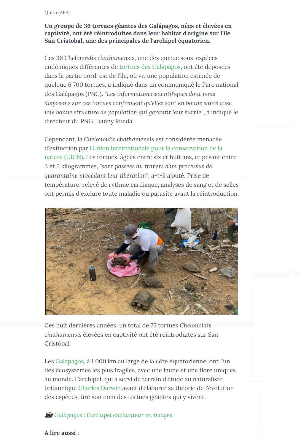 Article "36 tortues géantes réintroduites aux Galápagos".