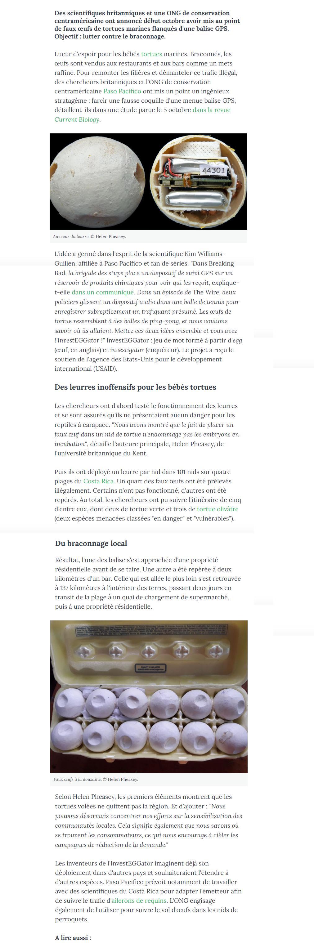 Article "des faux oeufs géolocalisés pour stopper le trafic".