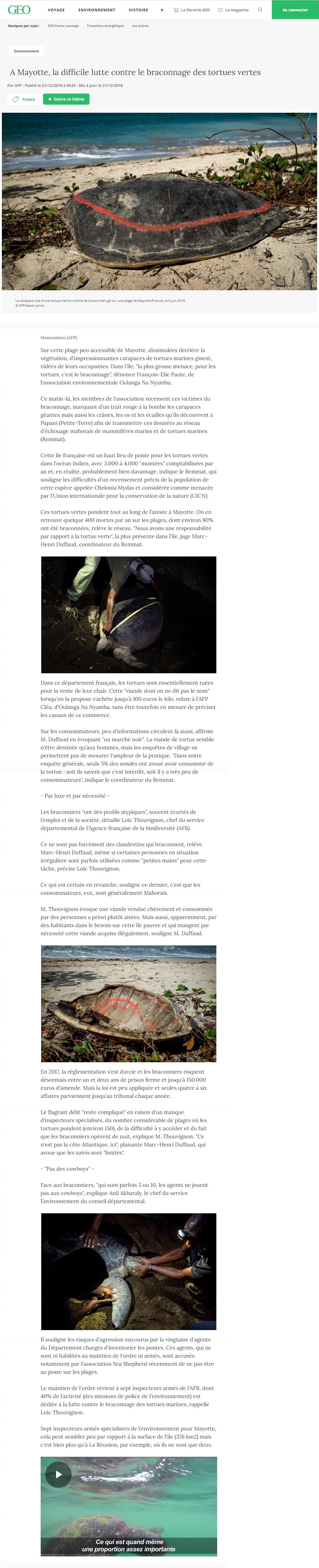 Article "A Mayotte, la difficile lutte contre le braconnage  des tortues vertes".