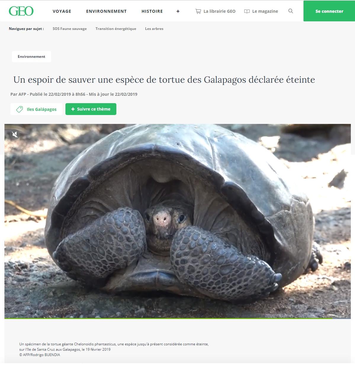 Article "Un espoir de sauver une espèce de tortue des Galapagos déclarée éteinte".