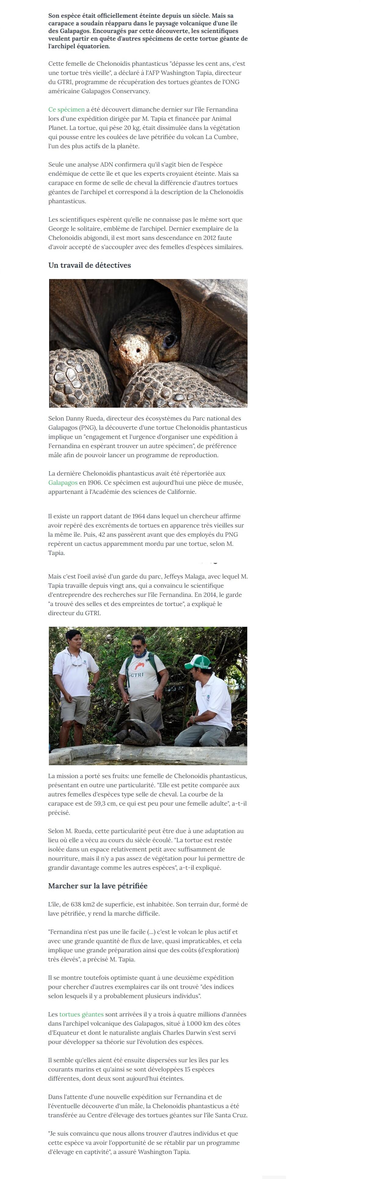 Article "Un espoir de sauver une espèce de tortue des Galapagos déclarée éteinte".