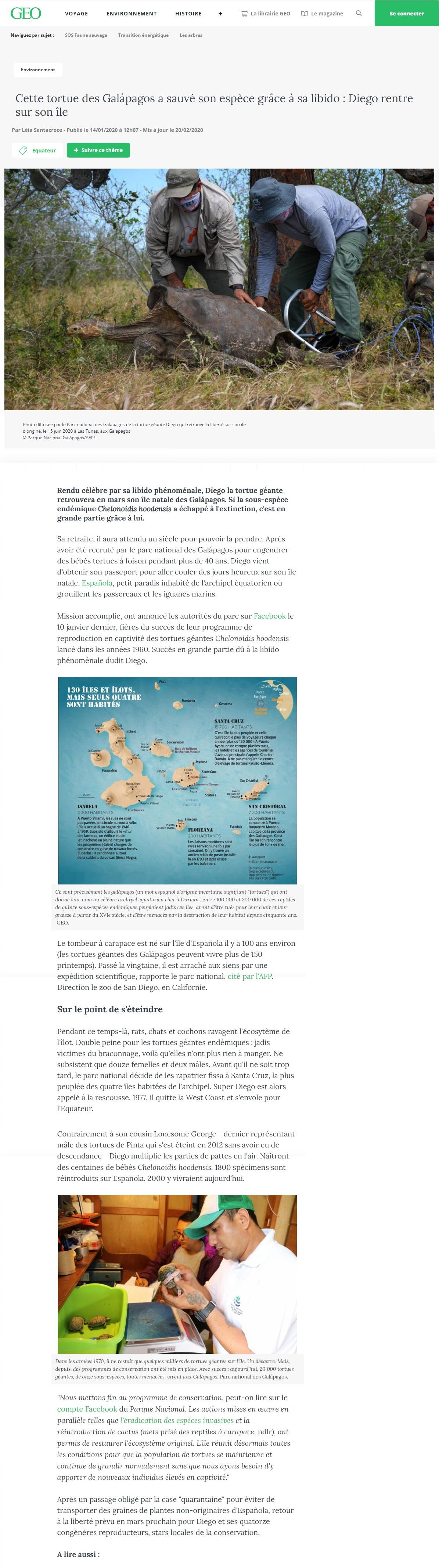 Article "Cette tortue des Galápagos a sauvé son espèce grâce à sa libido : Diego rentre sur son île".