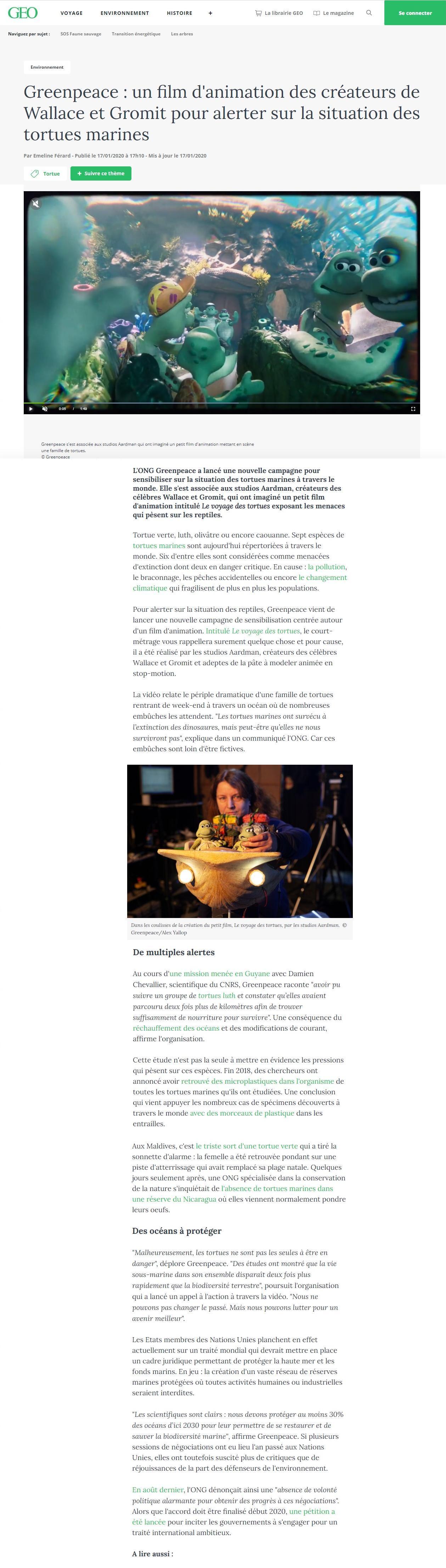 Article "Greenpeace : un film d'animation des créateurs de Wallace et Gromit pour alerter sur la situation des tortues marines".