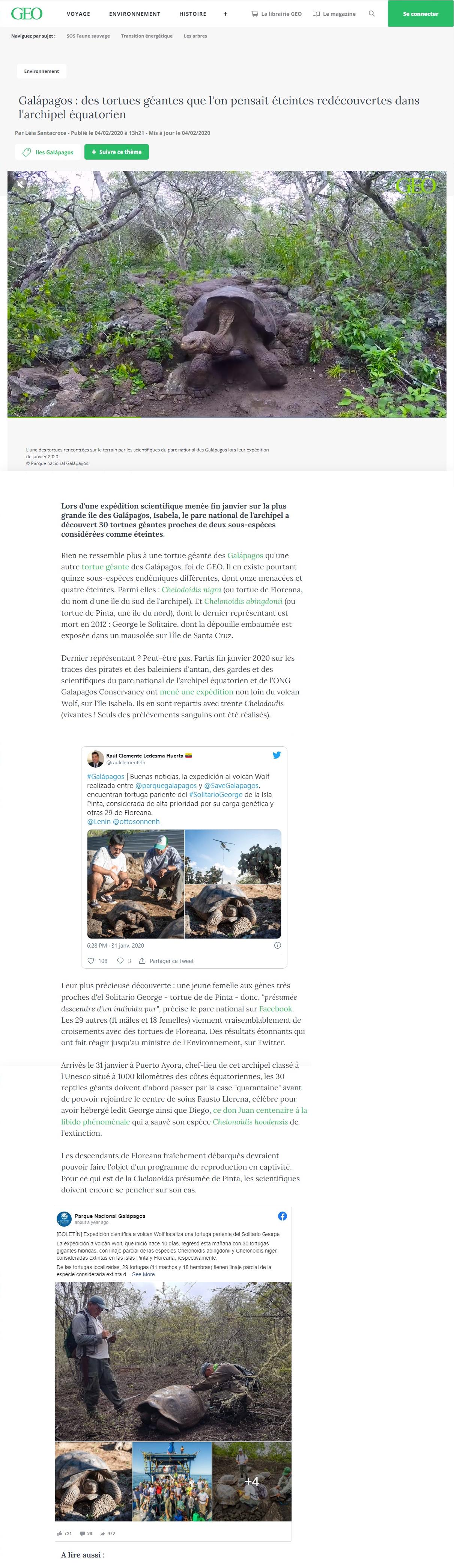 Article "Galápagos : des tortues géantes que l'on pensait éteintes redécouvertes dans l'archipel équatorien.".