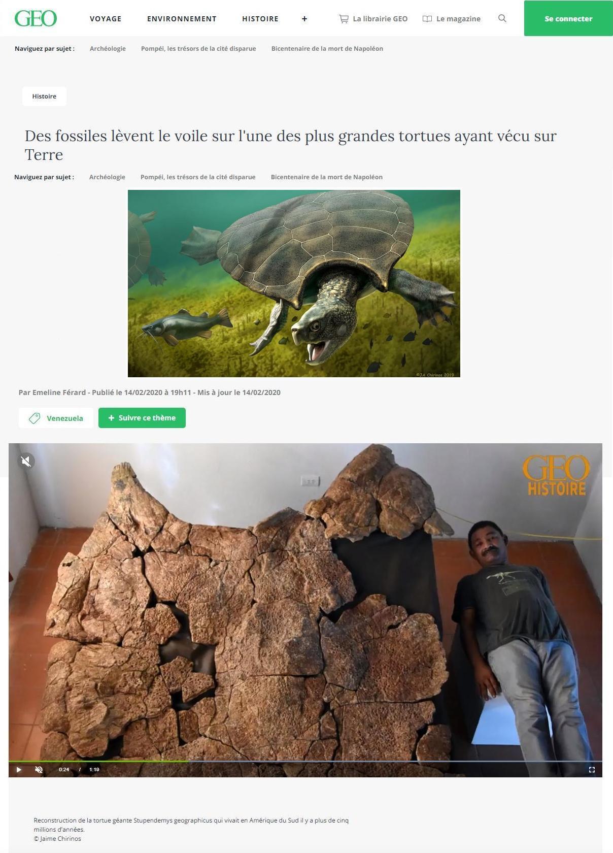 Article "Des fossiles lèvent le voile sur l'une des plus grandes tortues ayant vécu sur Terre".