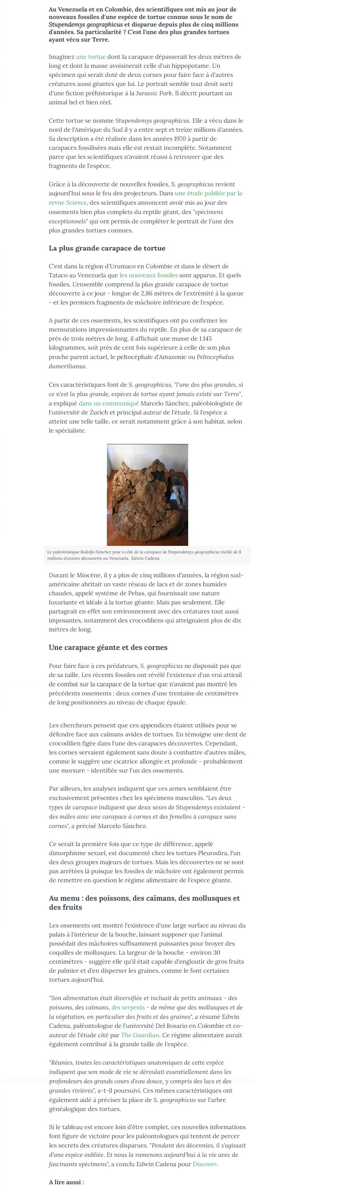 Article "Des fossiles lèvent le voile sur l'une des plus grandes tortues ayant vécu sur Terre".